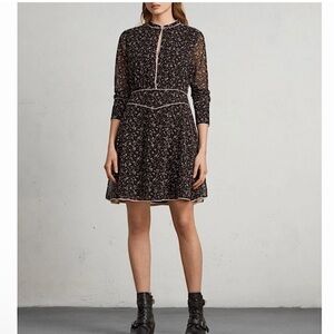 All Saints ‘Kay Pepper’ Black Micro Floral Print Dress - high neck -US8 long sle